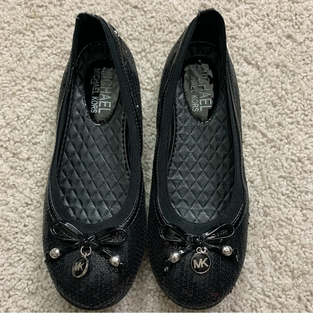 Girls MICHAEL KORS Black SEQUIN Slip On BALLET Bow FLATS Shoes Size 4